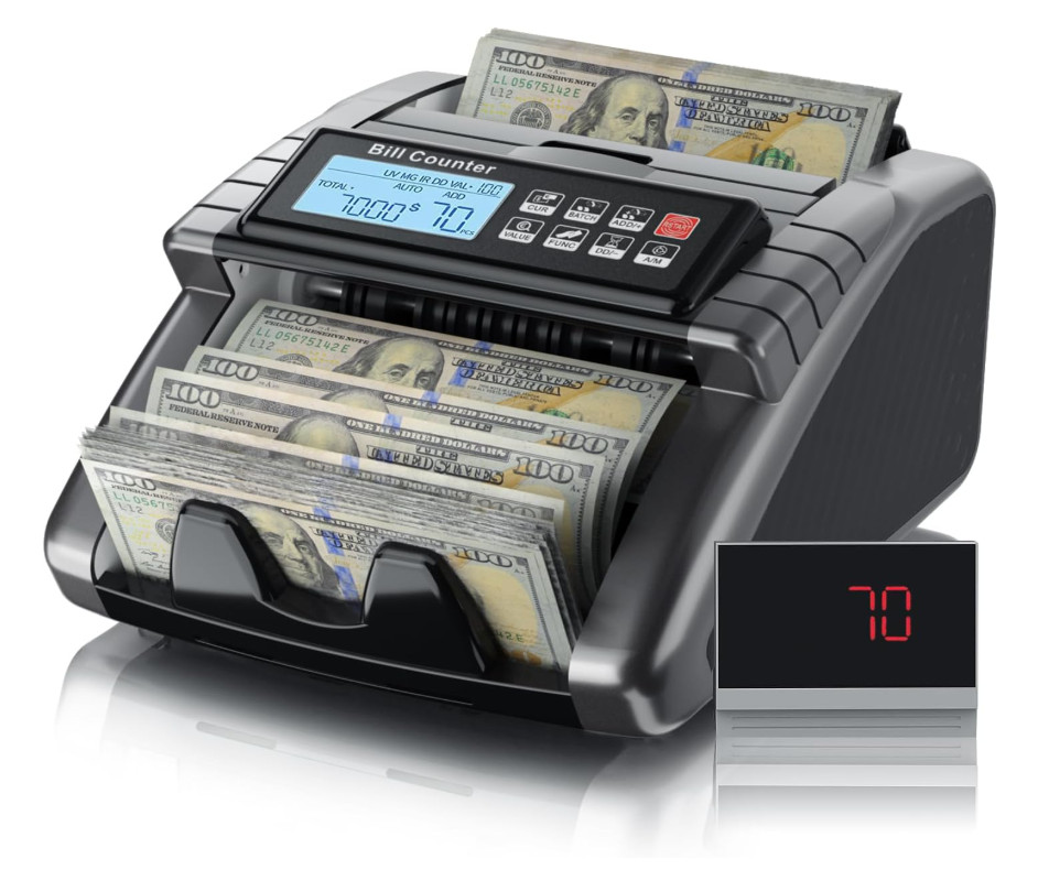 Money Counter Machine for USD, Euro, UV/MG/MT/IR Detection LCD Display 1000/Min