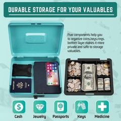 Cash Box with Combination Lock – Blue 5-Compartment Metal Cash Box with Tray