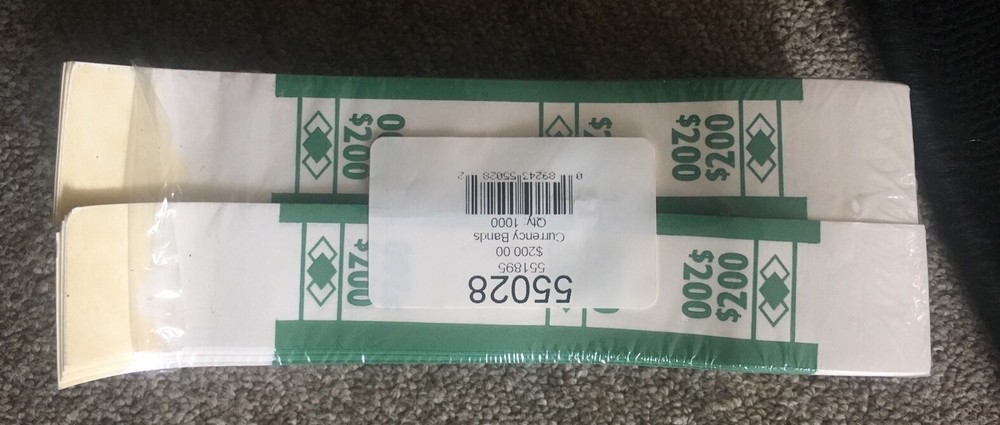 Currency Straps, Money Bands, Green, $200 in Dollar Bills – 1000 Bands