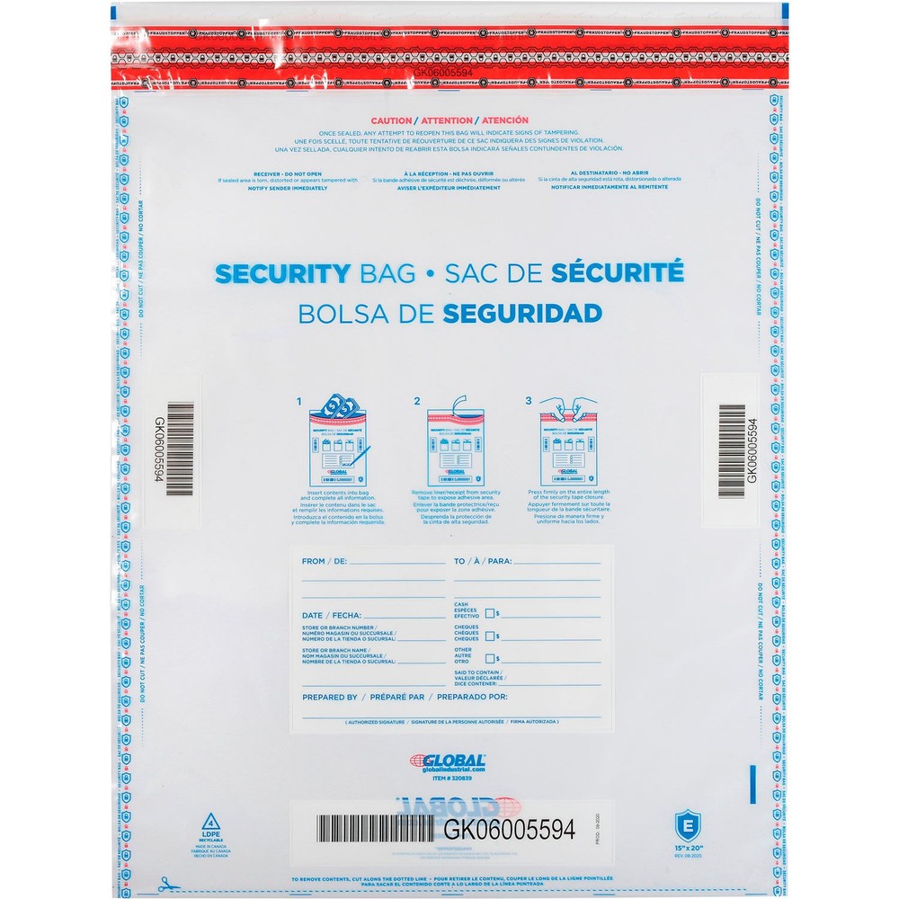 Global Industrial FraudStopper Tamper Evident Deposit Bag 15″W x 20″H Clear