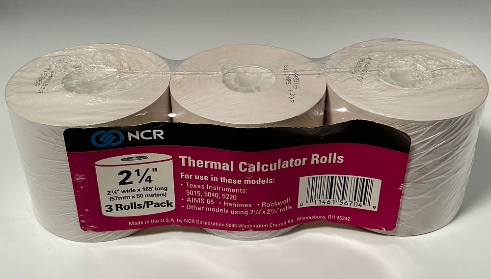 NCR Thermal Calculator Rolls 2 1/4  x 165′ White Pack of 3 rolls / Sealed