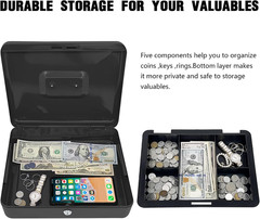 Steel Cash Box with Key Lock, Metal Small Money Organizer with Money Tray,Cash S