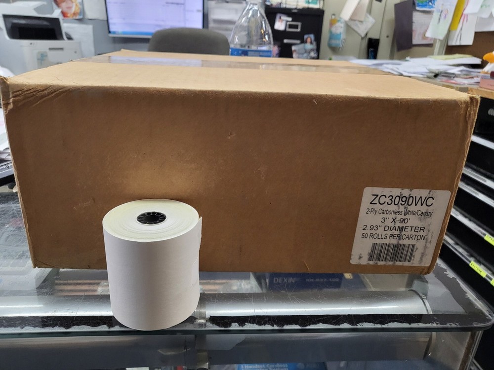 3″ x 90′ 2-ply Carbonless White/Canary Receipt Paper Rolls, 50 rolls/case