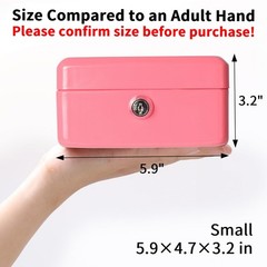 Pink Small Cash Box with Key Lock Double Layer Metal Money Box 5.9×4.7×3.2 In