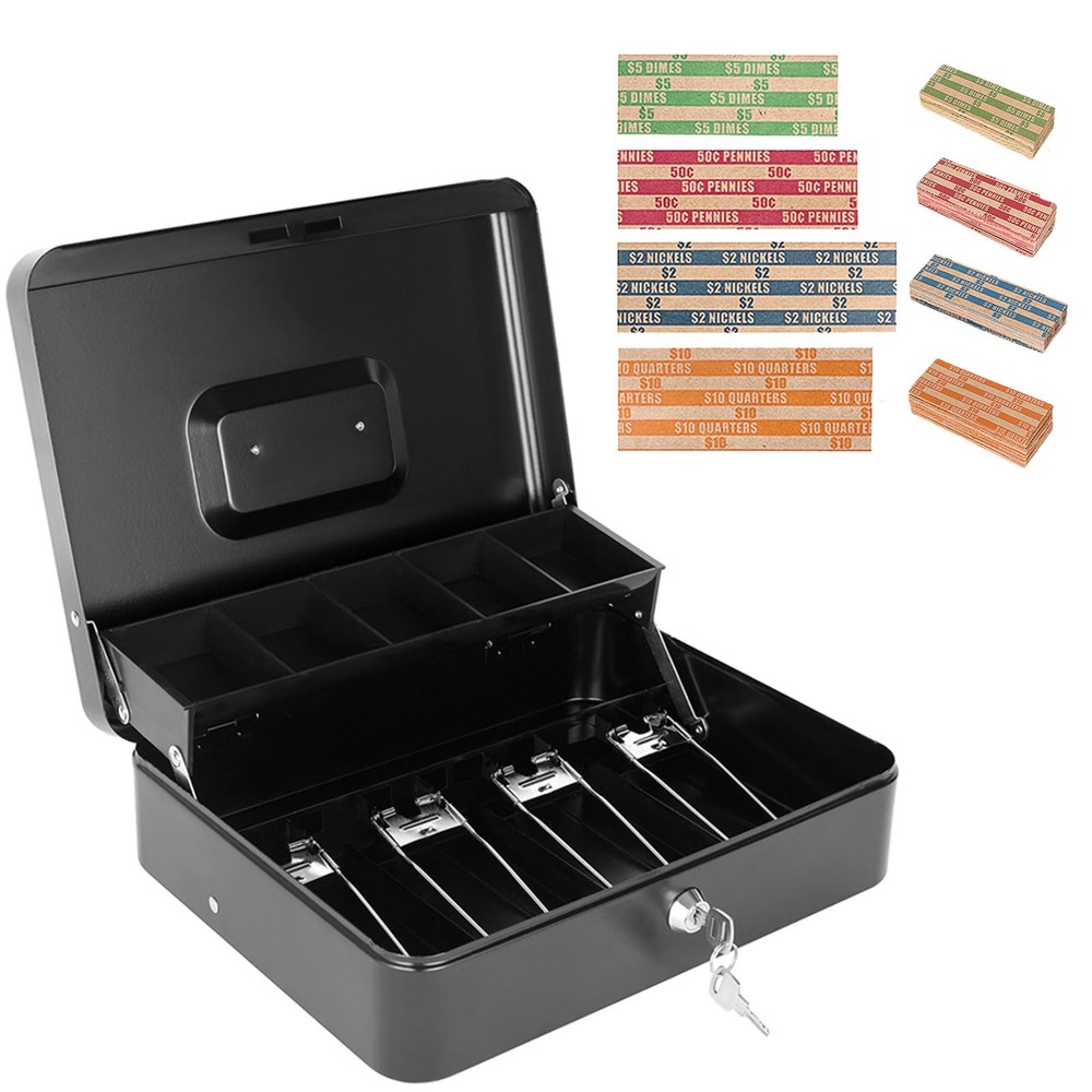 Cash Box with Key Lock and Money Tray – Metal for Large, Black