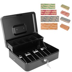 Cash Box with Key Lock and Money Tray – Metal for Large, Black