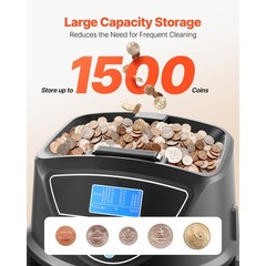 USD Coin Sorter with Screen Display Holds up to 1500 Coins 5 Coin Tubes