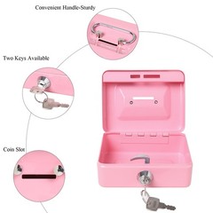 Jssmst Small Cash Box with Lock and Slot, Metal Coin Piggy Bank X-Small, Pink