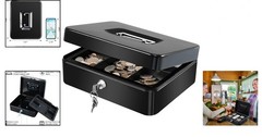 Large Metal Cash Box with Removable Tray and Lock, Portable Black Steel Storage