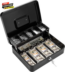 Large Cash Box with Money Tray and Lock, Metal Money Box for Cash, Lockbox 11.8✅