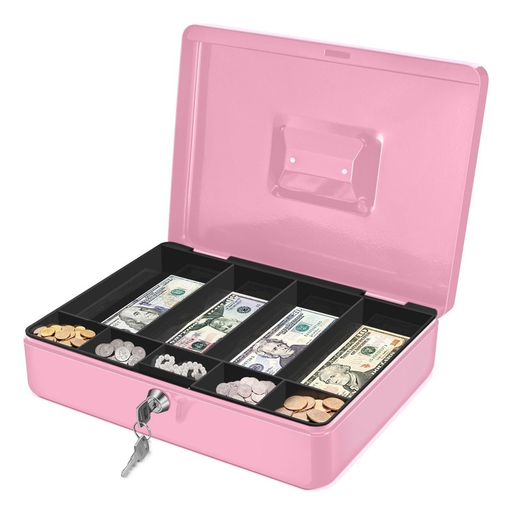 Portable Metal Cash Box with Lock – 9-Compartment Money Tray for Small Business,