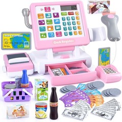Kids Cash Register Toy Set with Microphone and Conveyors, Pretend Calculator
