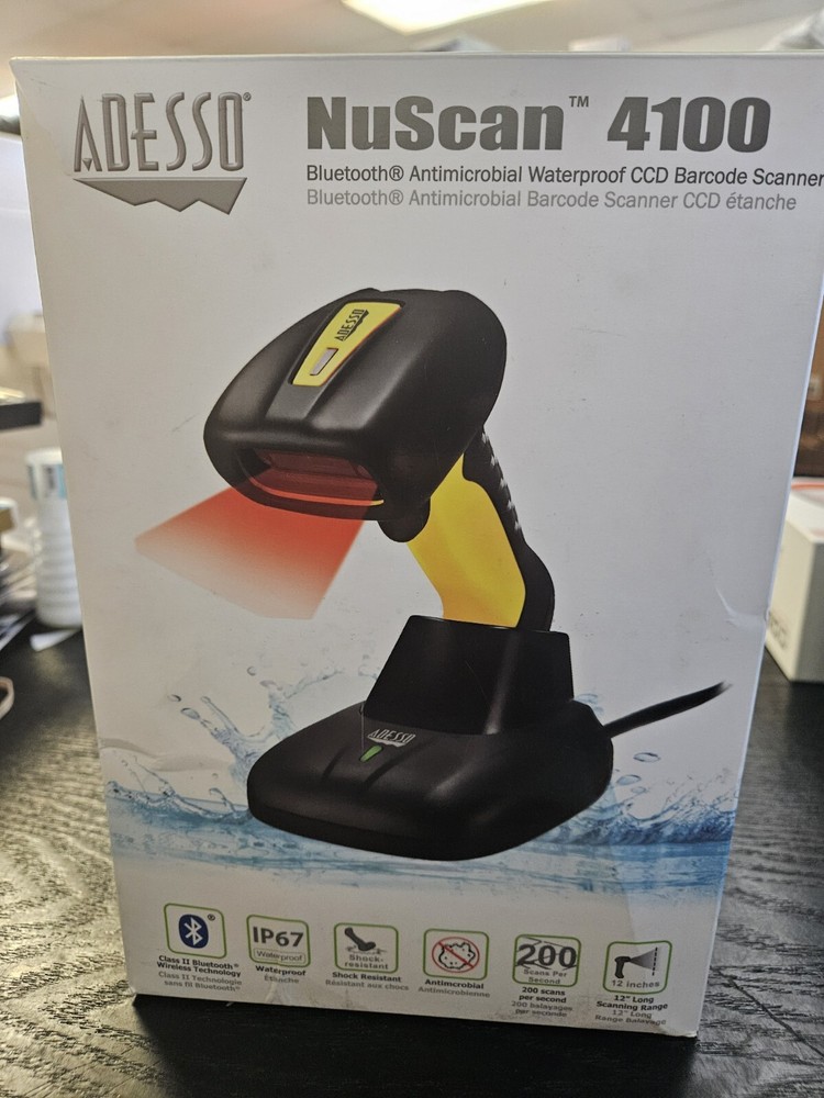 Adesso NuScan 4100B Bluetooth Antimicrobial Waterproof CCD Barcode Scanner