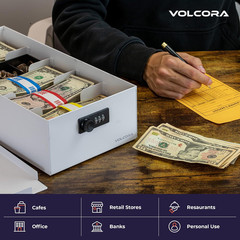 Cash Box Money Organizer, 15×7.5×4 Inches, 5 Compartments, Coin Tray