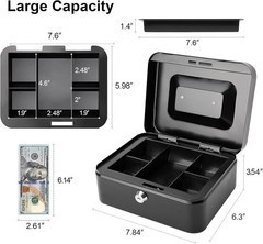 Locking Medium Steel Cash Box with Money Tray,Lock Box,Black