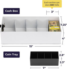 Cash Box Money Organizer, 15×7.5×4 Inches, 5 Compartments, Coin Tray