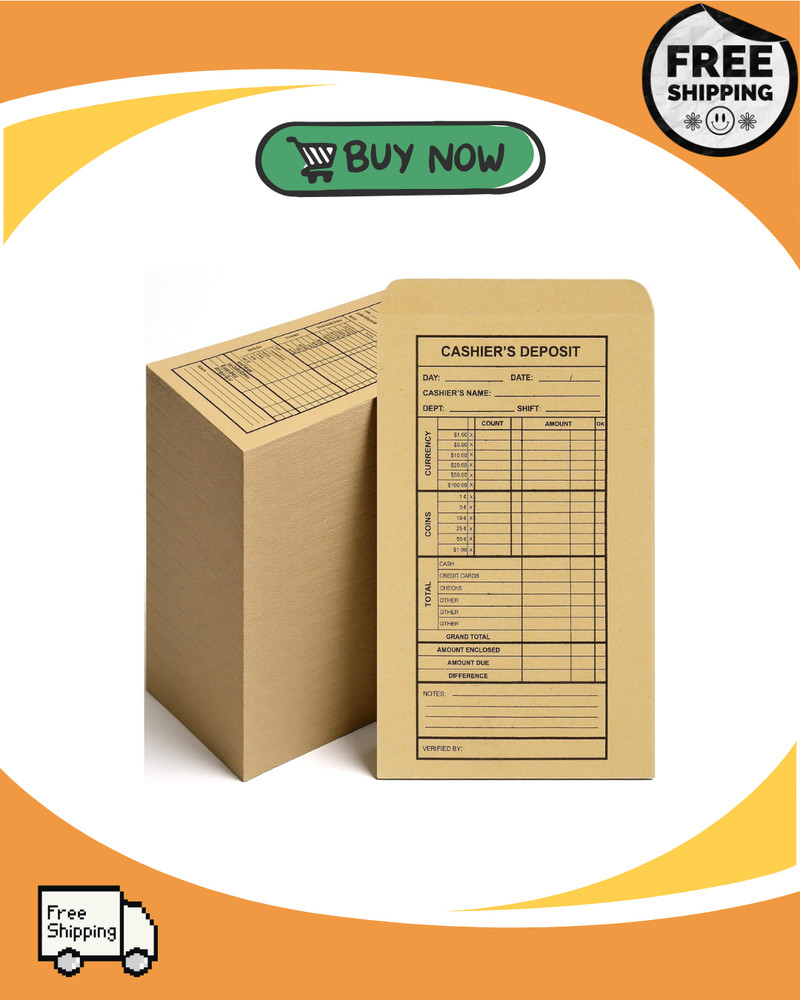 1200 Pcs Cashier Deposit Report Envelopes Kraft 6.5 x 3.5 Inch Cash Stuffing Su