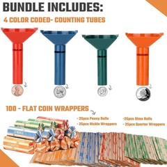 Coin Storage & Sorter Solutions 4 Coded Tubes 100 Assorted High-Quality Wrappers