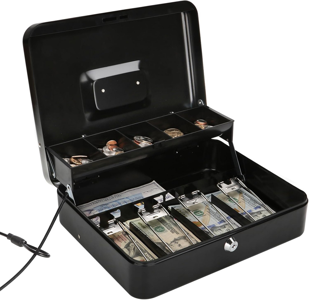 Large Locking Cash Box with Money Tray, Lock Box with Security Cable Metal Money