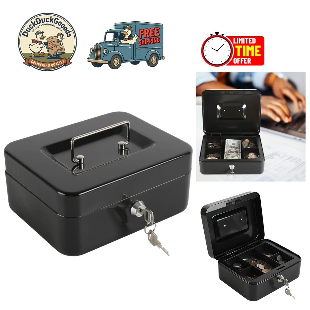 Compact Black Cash Box with Removable Tray and Key Lock | 175 Cubic Inches