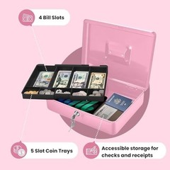 Portable Metal Cash Box with Lock – 9-Compartment Money Tray for Small Business,