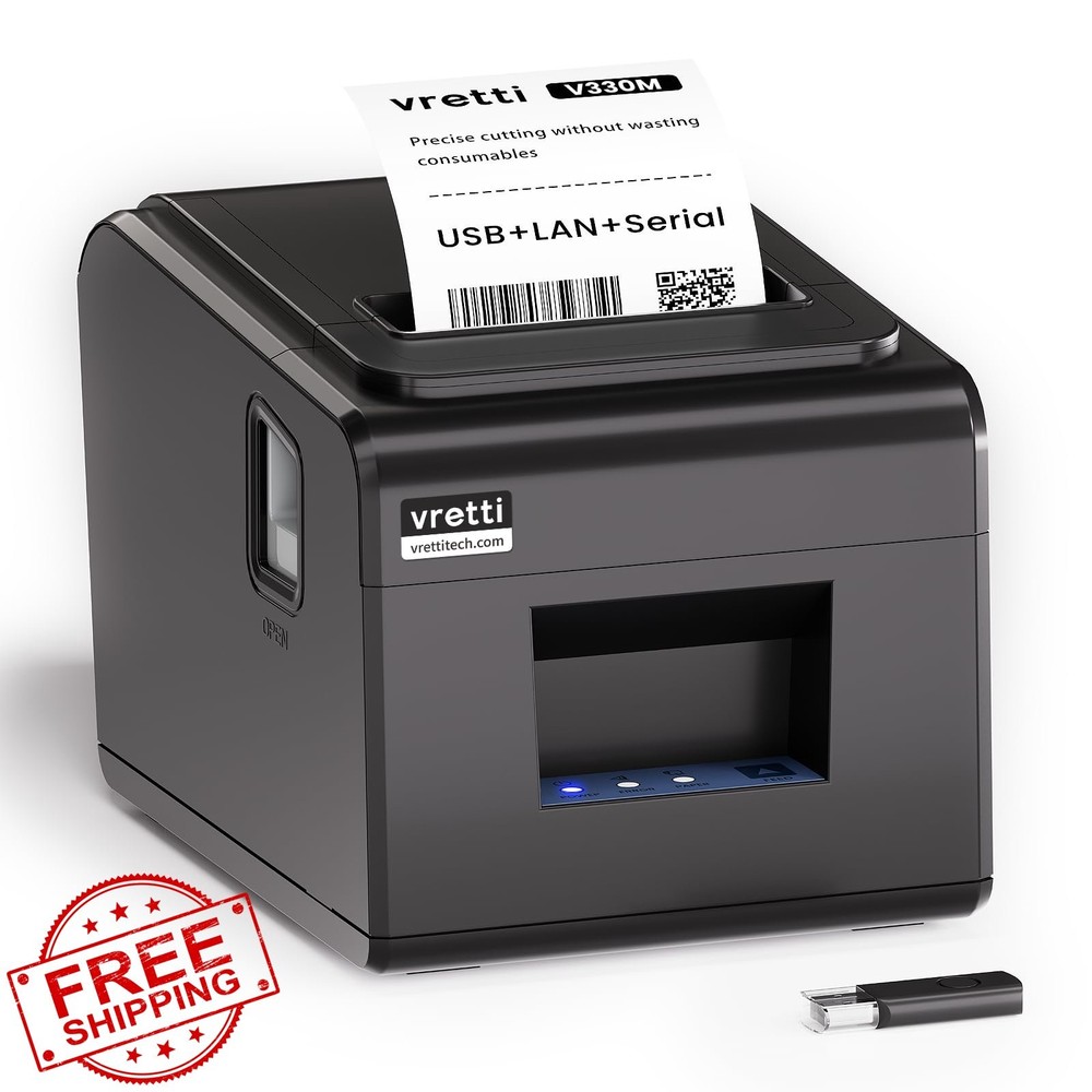 vretti Thermal Receipt Printer 80mm USB Serial LAN Black