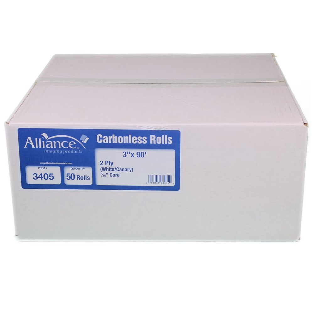 Alliance 2-Ply Carbonless Receipt Rolls, 3″x90′, White/Canary, 50 Rolls