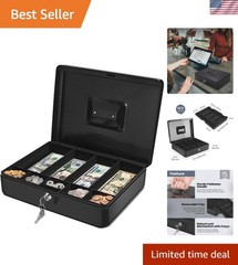Cash Box with Money Tray and Lock – Metal Cash Box for Small Businesses, 9-Co…