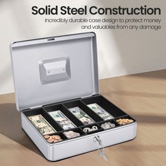 Silver Cash Box with Money Tray, 2 Keys, Lock Box w/ Removable 9 Compartment