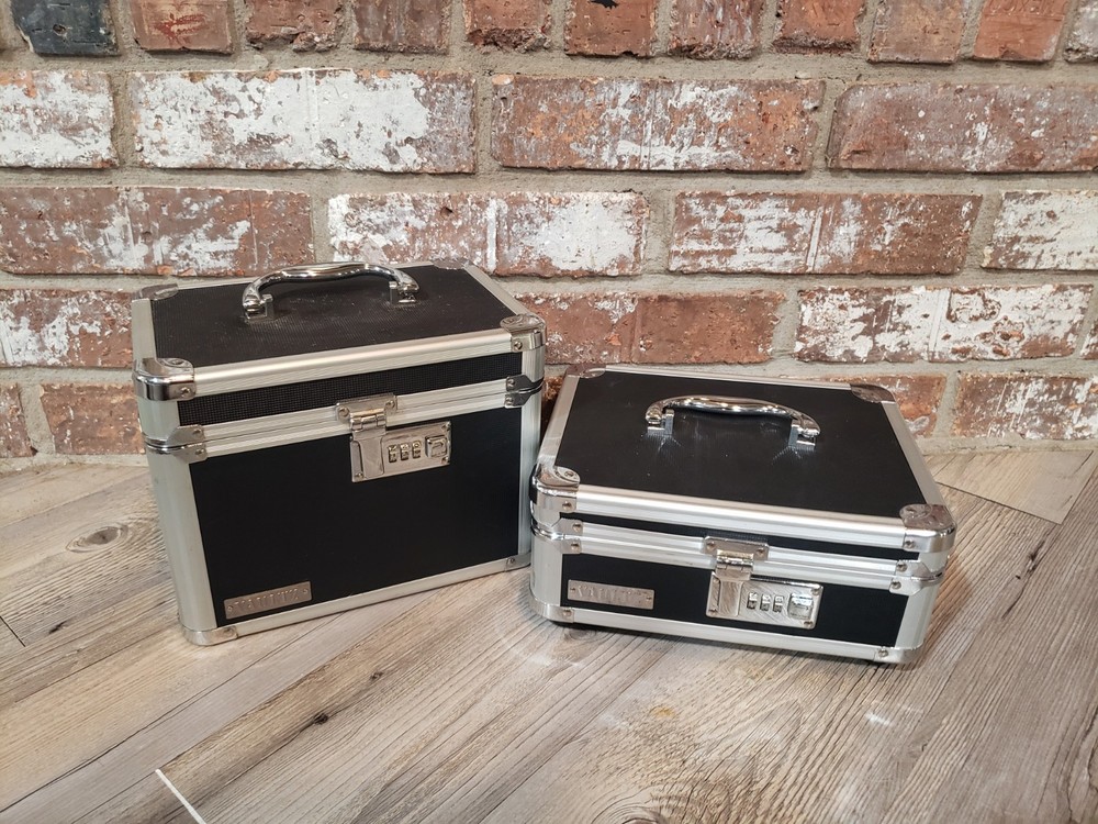 Set of 2 VAULTZ Metal Lock Boxes Security Storage Cases Silver, And Black