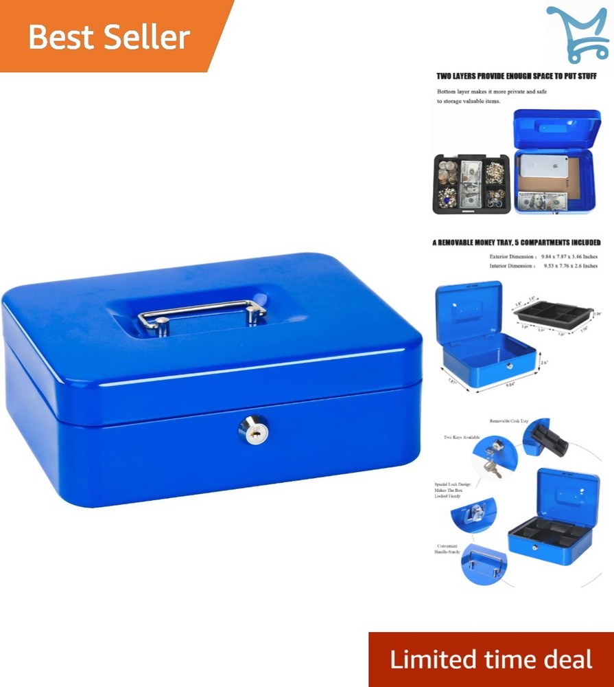 Cash Box Steel Lockable Money Safe with Tray 9.8×7.1×3.7in Portable Blue