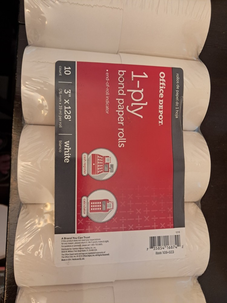 Office Depot Brand 1-Ply Bond Paper Rolls, 3″ x 128′, White, Pack Of 10