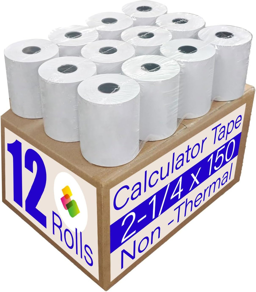 (12 Rolls)2 1/4 in X 150 Ft Adding Machine Tape Paper Rolls, for HR-10RC, HR-170