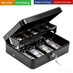 Cash Box with Key Lock–0.7mm Thick Metal Money Box for Flea Market Vendors, C…