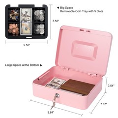 Pink Large Metal Cash Box Key Lock Removable Money Tray 9.8×7.9 Inch Hub