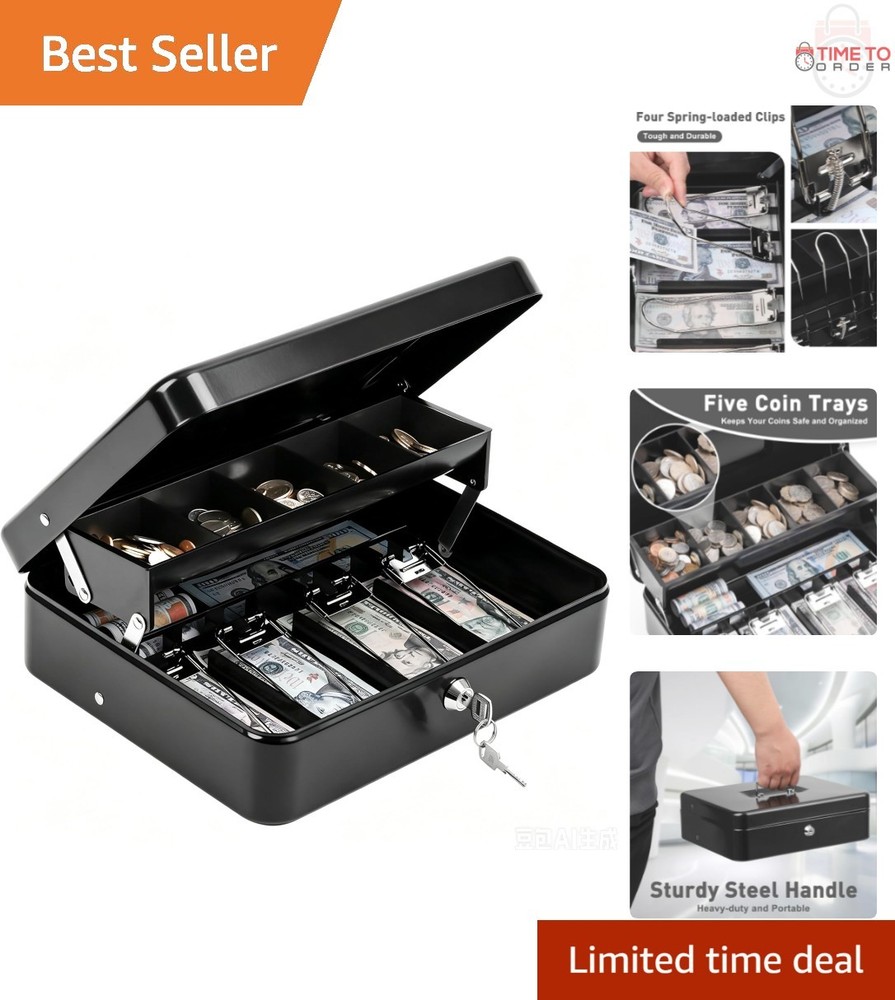 Cash Box with Key Lock Metal Coin Tray Hidden Storage for Small Business