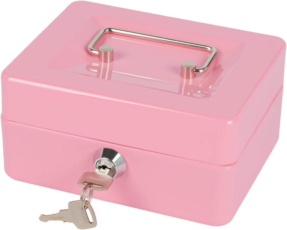 Small Cash Box with Money Tray and Lock, Metal Cash Lock Box with Key, Petty Cas