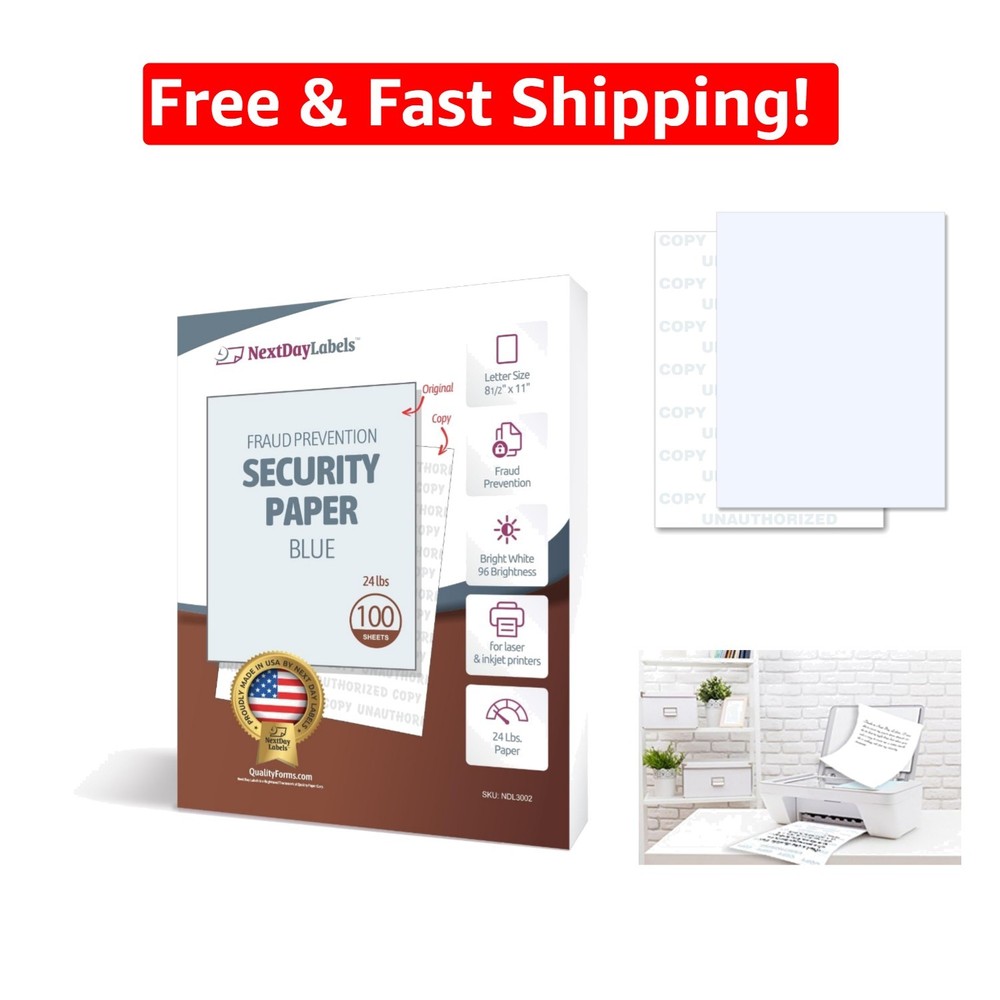 Pack of 100 Blue Security Paper 8.5” x 11” – Anti-Copy & Fraud Prevention