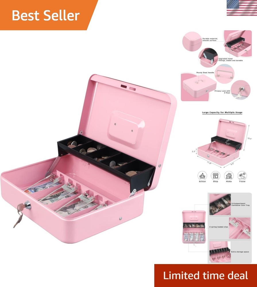 Stylish Pink Cash Box with Durable Key Lock & Cantilever Money Tray, 11.8″x9.5″