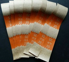 10 – Orange $25 Cash Money Self-Sealing Straps Tan Saw Tooth Currency Bands