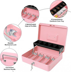 Locking Cash Box with Key Lock and Money Tray, Money Box, Lock Safe Box, Cash Mo