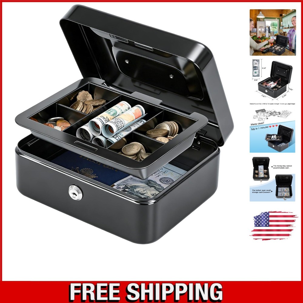 Sleek Portable Cash Box with Steel Construction & 2 Key Lock – Home & Office Use