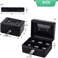 Small Cash Box with Money Tray and Lock, Metal Cash Lock Box with Key, Petty Cas