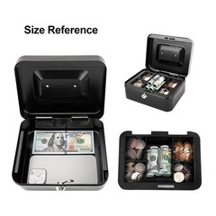 Medium Steel Cash Box with Money Tray, Lock Box, Black