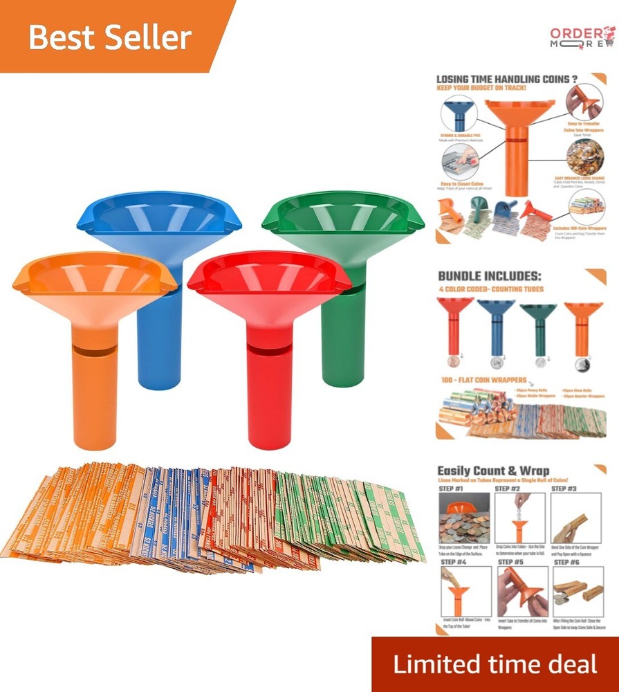 Lightweight Coin Tubes and Wrapper Set – 4 Colors for Efficient Coin Management