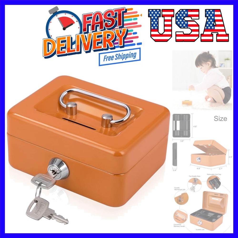 Mini Cash Box with Slot Small Cash Box with Money Tray and Key Lock, Metal Lo…