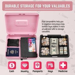 Cash Box with Combination Lock – Pink 5-Compartment Metal Cash Box with Tray