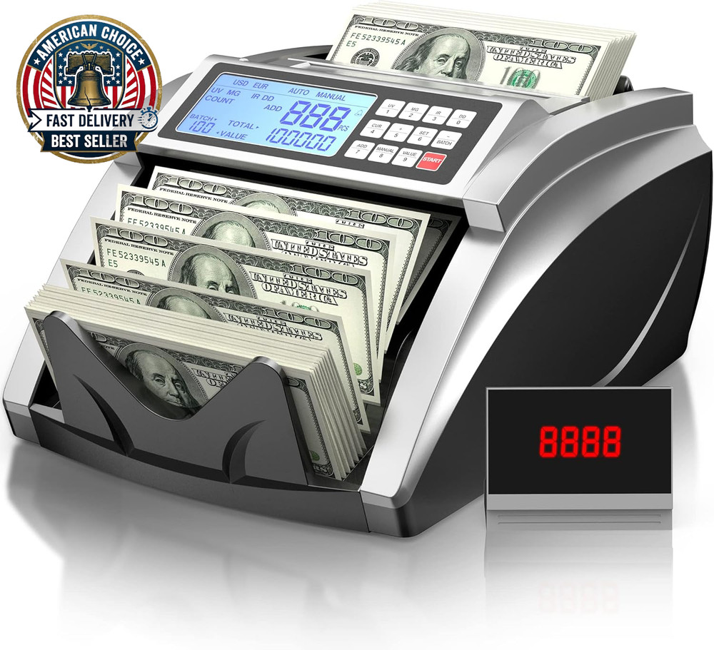 Money Counter Machine with Value Bill Count, Cash Counter for Dollar, Euro with