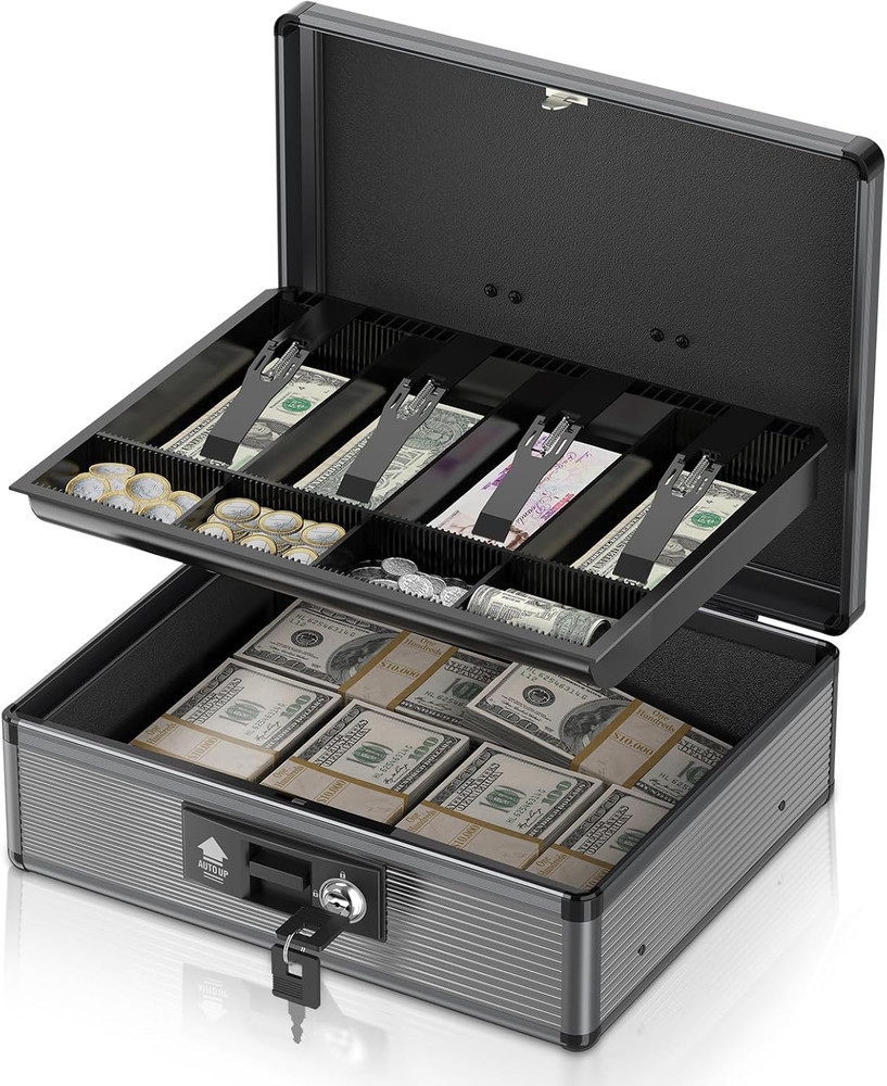 Locking Cash Box with Money Tray and Key, Secure Money Safe Box for Cash, Portab