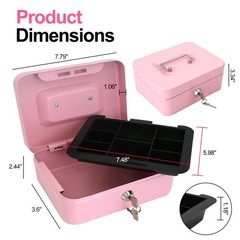 Pink Medium Metal Cash Box Money Tray 5 Compartment Key Lock 7.79×6.30 Inch